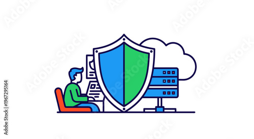 Digital Security Concept Illustration Person Working on Computer Protected by Shield Next to Server and Cloud Storage Database