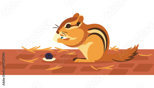 A cute chipmunk illustration holding a nut on a brick floor