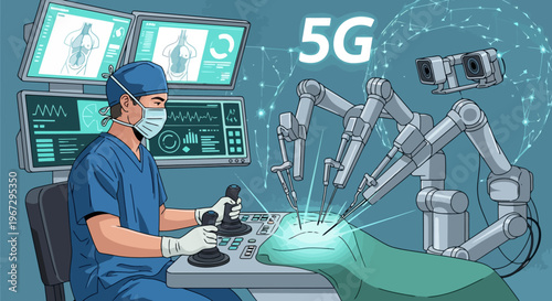 Doctor controls robotic surgical arms using advanced interface displaying patient data and 5G network signifying modern medical technology and