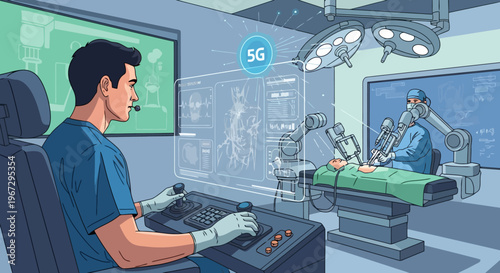 Surgeon Man Operating Robotic Arm Equipment In Futuristic Operating Room Using Advanced Technology For Medical Procedure With 5G Connection Displayed