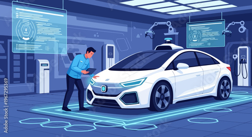 Man interacts with futuristic autonomous vehicle undergoing diagnostics surrounded by advanced technology and charging stations indicating smart