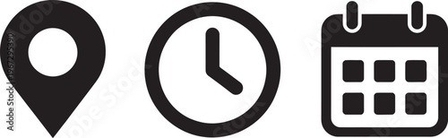 Calendar, clock, and location pin icons, time date address vector set, event planning, meetings, agendas, invitations, banners, posters, business cards