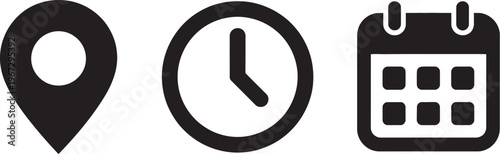 Calendar, clock, and location pin icons, time date address vector set, event planning, meetings, agendas, invitations, banners, posters, business cards