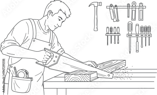 A focused craftsman in an apron skillfully saws a piece of lumber on his workbench, surrounded by various essential woodworking tools, demonstrating dedication to his craft.