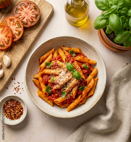 Penne all'arrabbiata pasta with spicy tomato sauce, chili flakes, and basil in a ceramic bowl