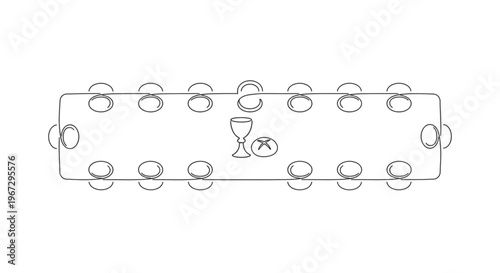 Minimalist continuous line drawing of the Last Supper table with chalice and bread symbol.
