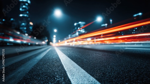City Street at Night with Motion Blurred Car Lights, Urban Traffic and Infrastructure