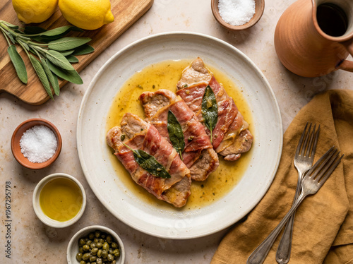 Top view of Saltimbocca alla Romana with veal, prosciutto, and sage served with capers and lemon