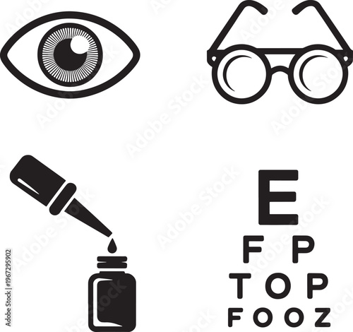 eye care and vision test symbols  glasses and drops