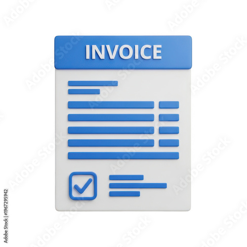 A detailed 3d rendered document representation of a formal business invoice with a checkmark icon