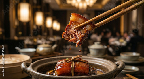 A side-view shot of a pair of chopsticks lifting a corner of a braised pork belly cube, showing the tender, pull-apart texture of the meat and the gelatinous fat layers. Droplets of dark amber sauce