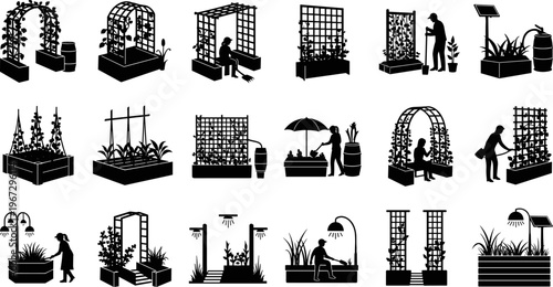 Black silhouette vector icons of gardeners working in raised garden beds with trellises, wooden planter boxes, pergolas, solar lighting, and backyard landscaping maintenance elements.
