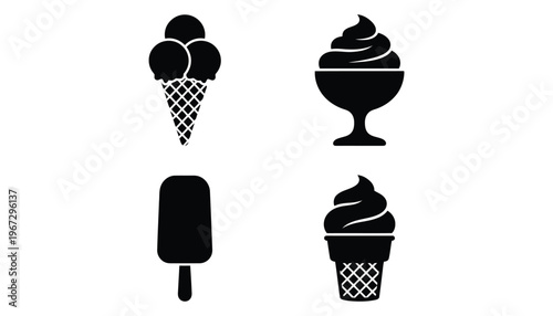 Ice cream vector silhouettes including cones and sundaes on white background