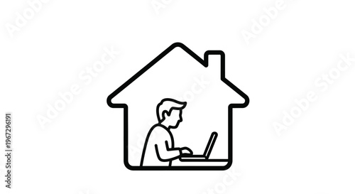 Man working from home inside a house outline linear silhouette