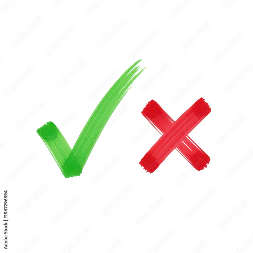 Obraz premium Green brush stroke style check mark and a red brush stroke style cross mark comparison symbols