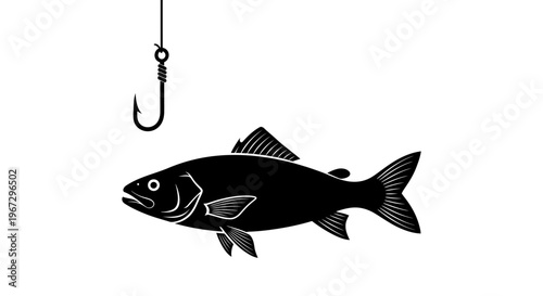 Fish Hanging from Fishing Hook Silhouette.