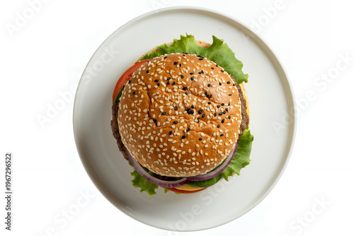 Sesame seed hamburger on white plate sandwich