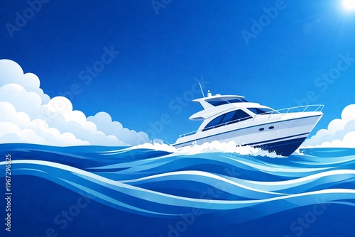 Luxury yacht sailing on blue ocean in minimalist vector style