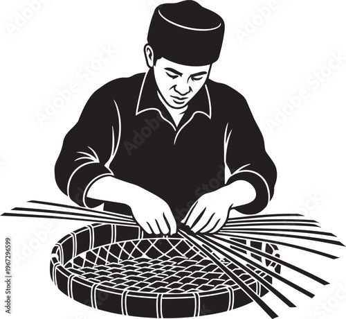 Man weaving a basket with sticks
