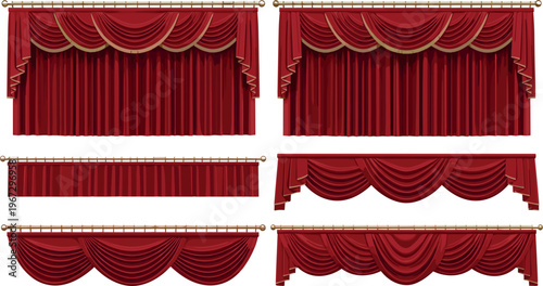 Collection of Red Theater Curtains with Elegant Drapes and Gold Trimmings for Stage and Event Design