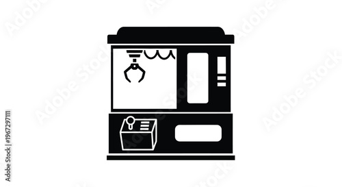 Black and white illustration of a classic claw machine silhouette