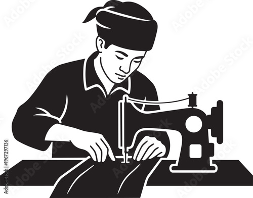 Black and white illustration of a woman sewing with a machine