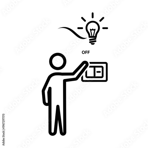 Person turning off light switch representing energy conservation and saving electricity.