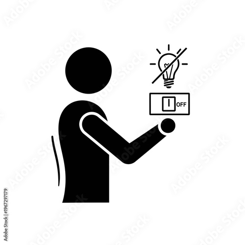 Person turning off light switch indicating energy conservation and power saving.
