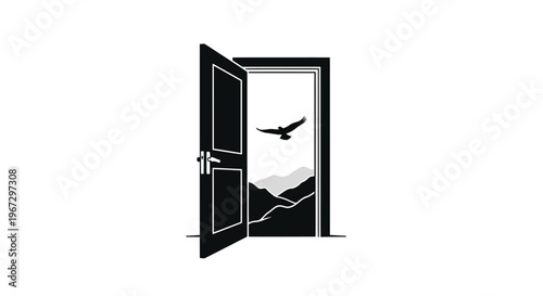 An open door reveals a landscape with a flying bird silhouette