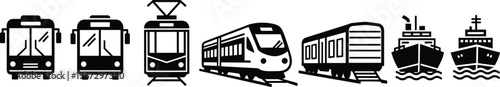 Collection of public transportation vehicles including bus, tram, train, and ship icons.