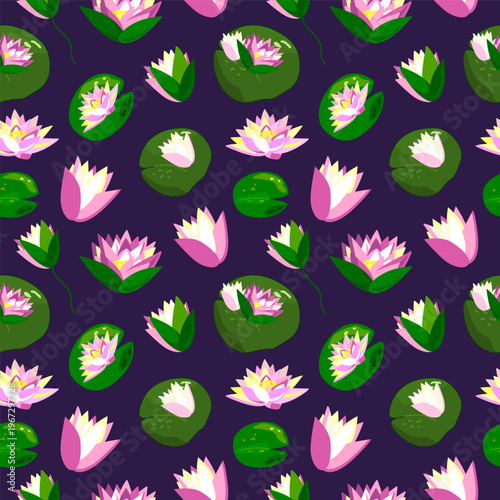Vector pattern with lotus flowers, water lilies on a dark purple background. Pattern with pond plants.
