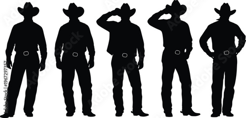 Silhouettes of five cowboys in different poses wearing western hats and boots.