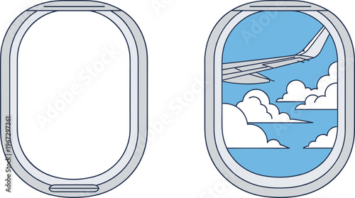 Airplane window with view of wing and clouds sky blue background empty window frame.