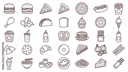 Fast food and desserts line art icons set, various food dishes.