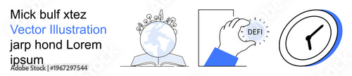Knowledge, finance, technology, time management, education, innovation. Open book with globe, hand holding DeFi symbol clock. Knowledge and finance-themed digital art