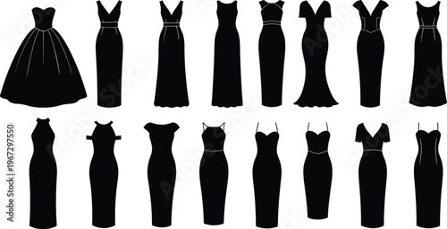 Collection of black evening gowns and elegant dresses for women.