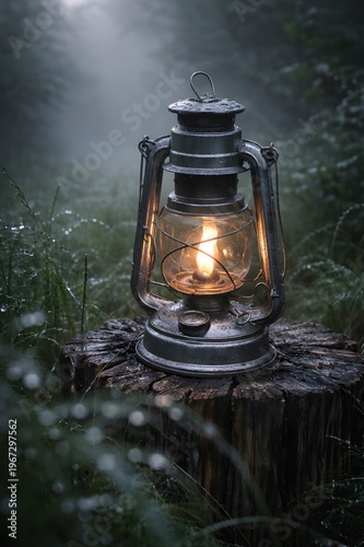 Vintage Oil Lantern Glowing on Tree Stump in Misty Forest at Night with Morning Dew and Raindrops on Metal