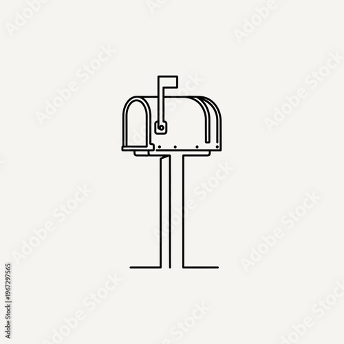 Simple black and white line drawing of a classic mailbox on a post.