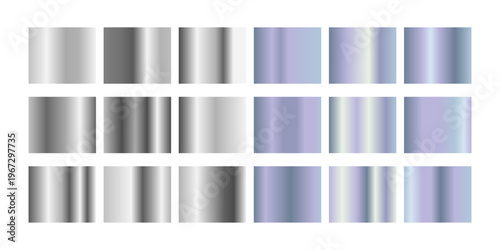 Metallic hologram frame collection with gradient transitions from silver chrome to iridescent rainbow finishes for modern design. Rectangular borders with reflective surfaces and color shifting effect