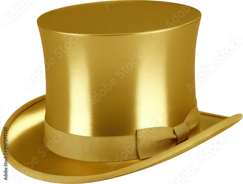 Elegant gold top hat with decorative black band and silk lining isolated on transparent background