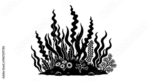 Black illustration of seaweed underwater plants.