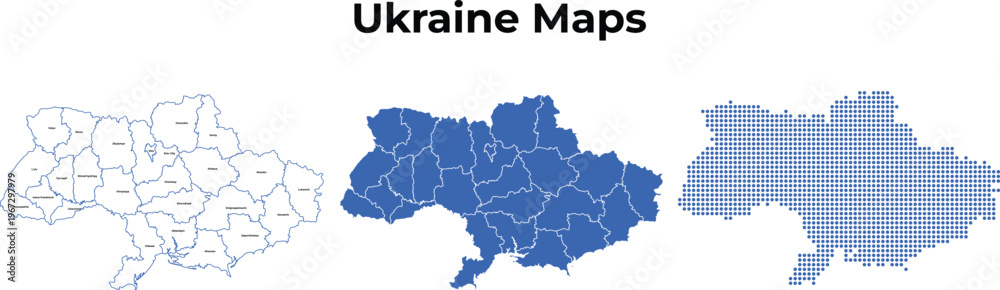 Fototapeta premium Ukraine map set with regions outline solid and dotted styles