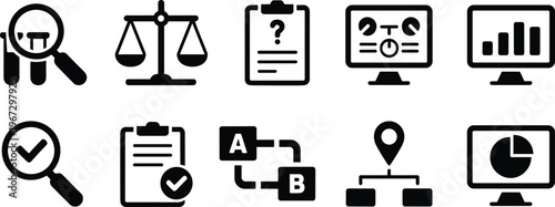 Business analytics and strategy icon set illustration, search, balance, checklist, dashboard, hierarchy, comparison, and report vector symbols collection