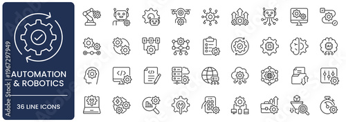Automation and robotics line icon set. Collection of automated system, artificial intelligence, workflow and machine outline vector symbols with editable stroke.