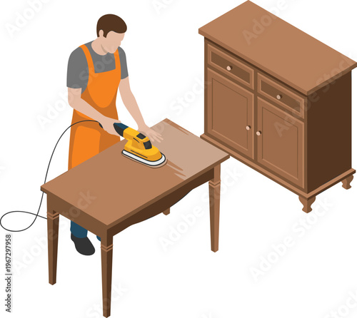 Carpenter sanding wooden table illustration with worker using electric sander, woodworking and furniture restoration concept, isometric vector design showing DIY repair and finishing
