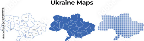 Ukraine map set with regions outline solid and dotted styles