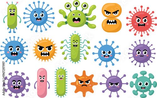 Cartoon bacteria and virus characters set illustration, colorful microbes with funny faces, germs collection, medical microbiology concept, flat vector isolated design