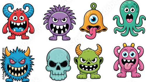 Cartoon monster characters set illustration, funny colorful creatures with horns, teeth and expressions, fantasy mascots, spooky cute vector isolated collection