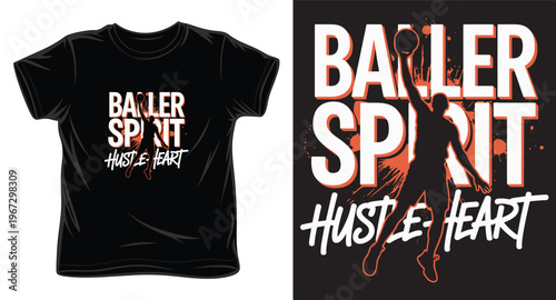Modern baller spirit hustle heart motivational basketball player silhouette jumping on black tshirt