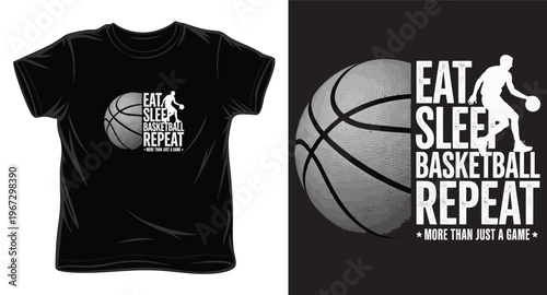 Basketball tshirt design with eat sleep repeat quote and athletic player silhouette on black background for sports fans